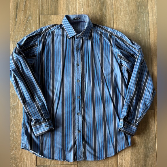 Bugatchi Uomo black/blue striped men’s button front shirt size medium - Picture 1 of 9